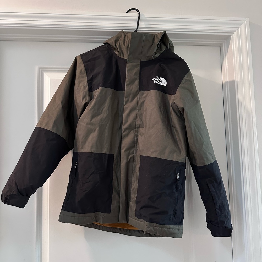 The North Face Black and Gray Raincoat with High Collar and Insulated Design